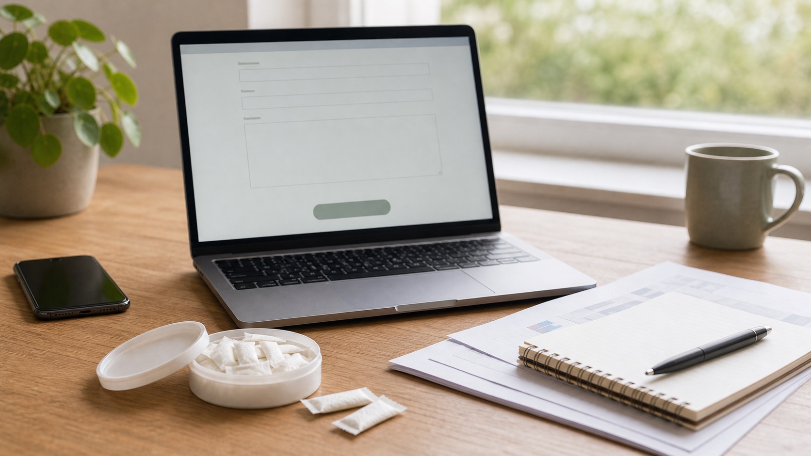 Contact form on a laptop beside an unbranded nicotine pouch tin