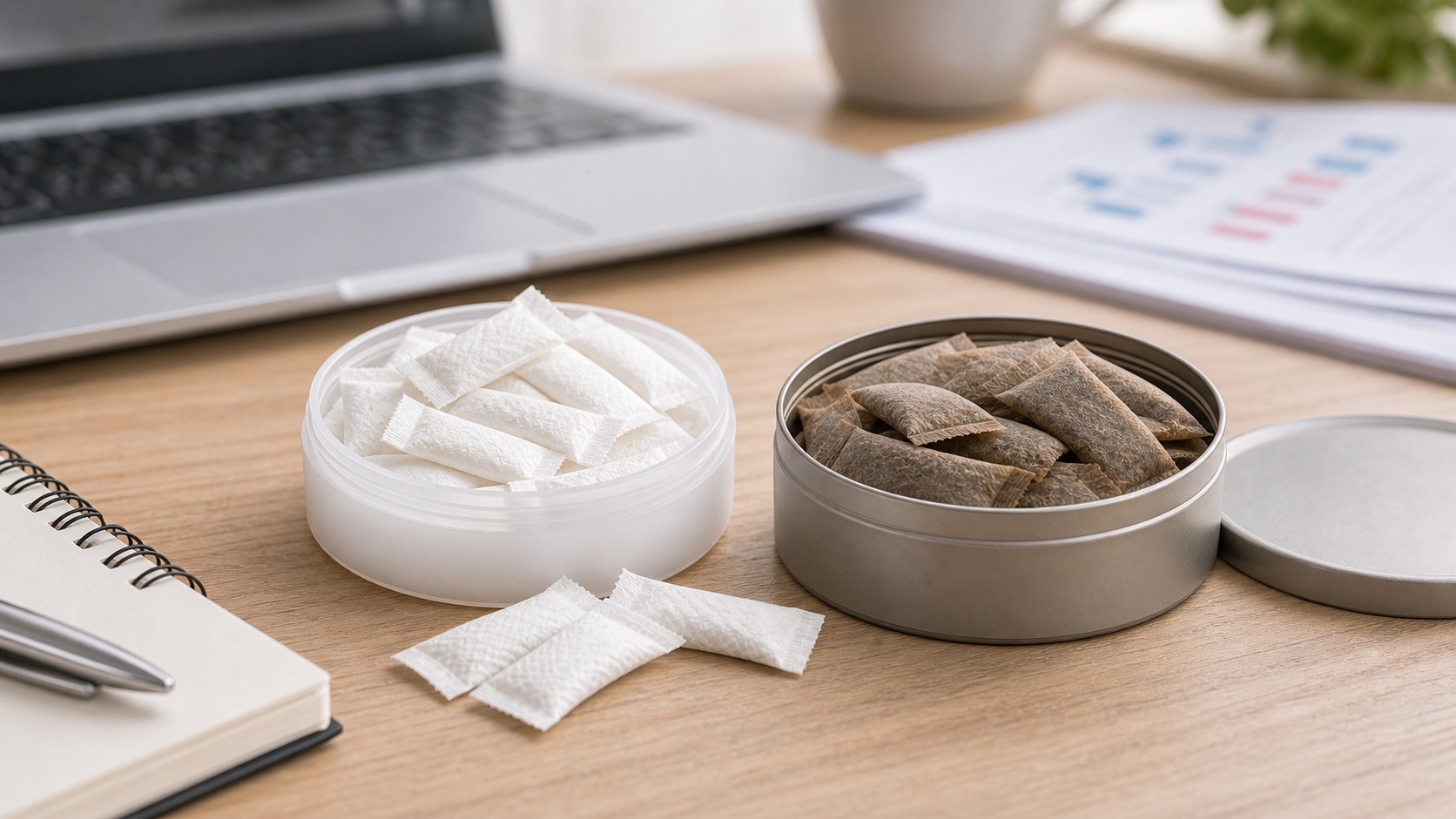 Unbranded nicotine pouches and tobacco snus portions beside information papers