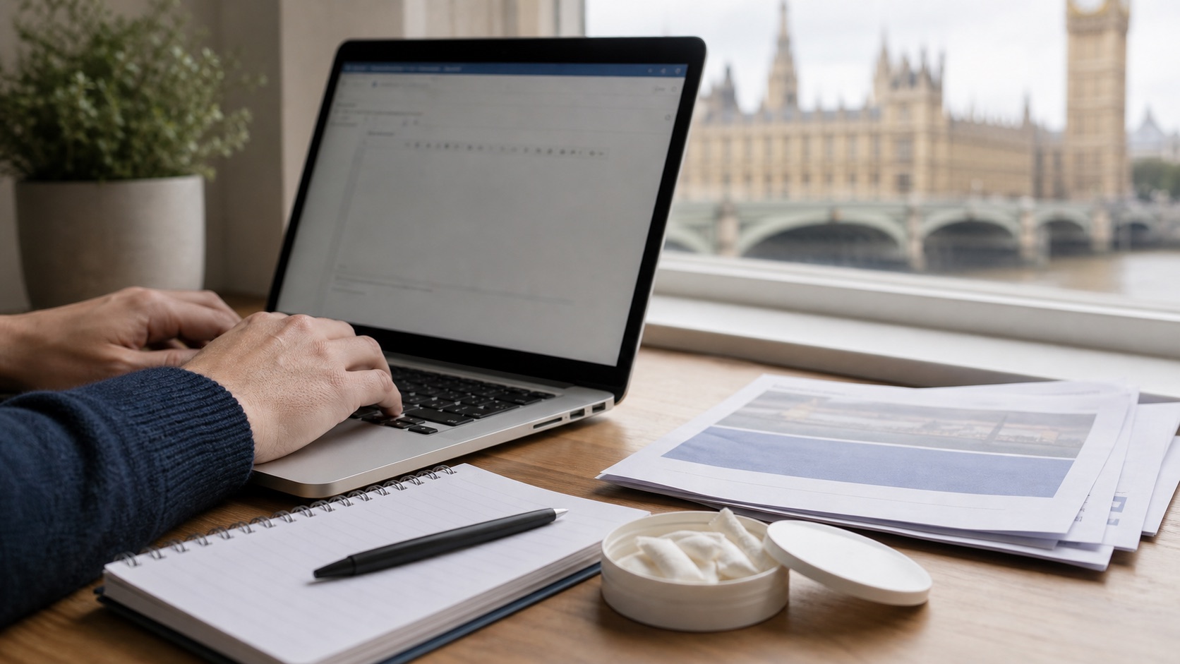 Unbranded nicotine pouches beside papers and a laptop with Parliament in the background