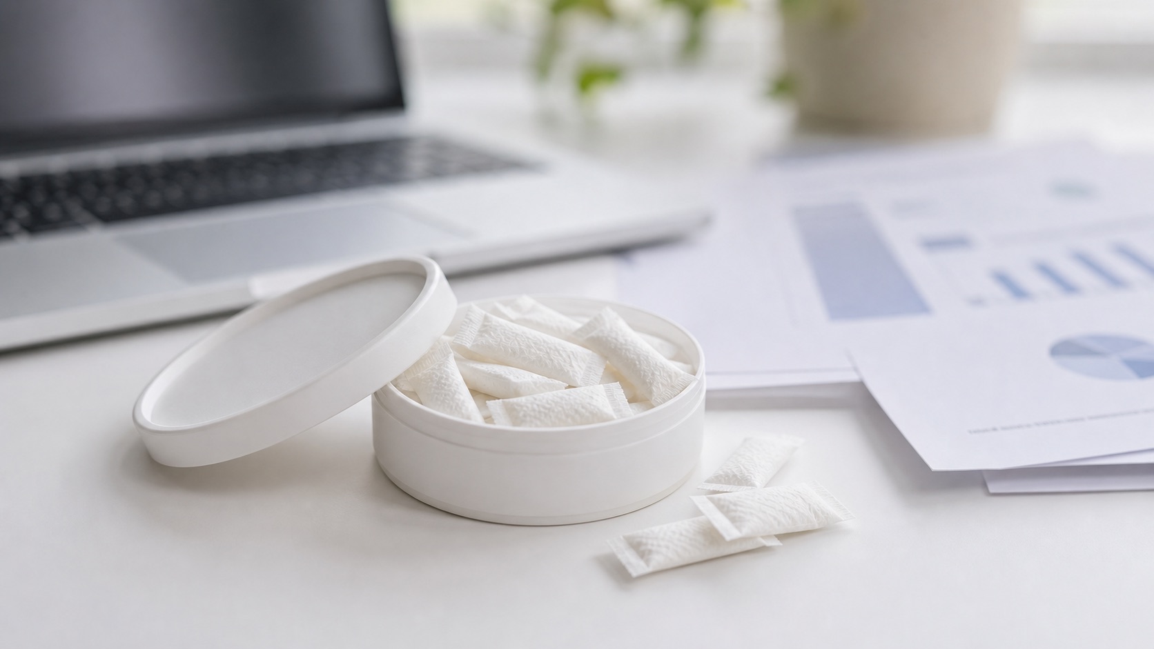 Unbranded white nicotine pouches in an open tin beside information papers