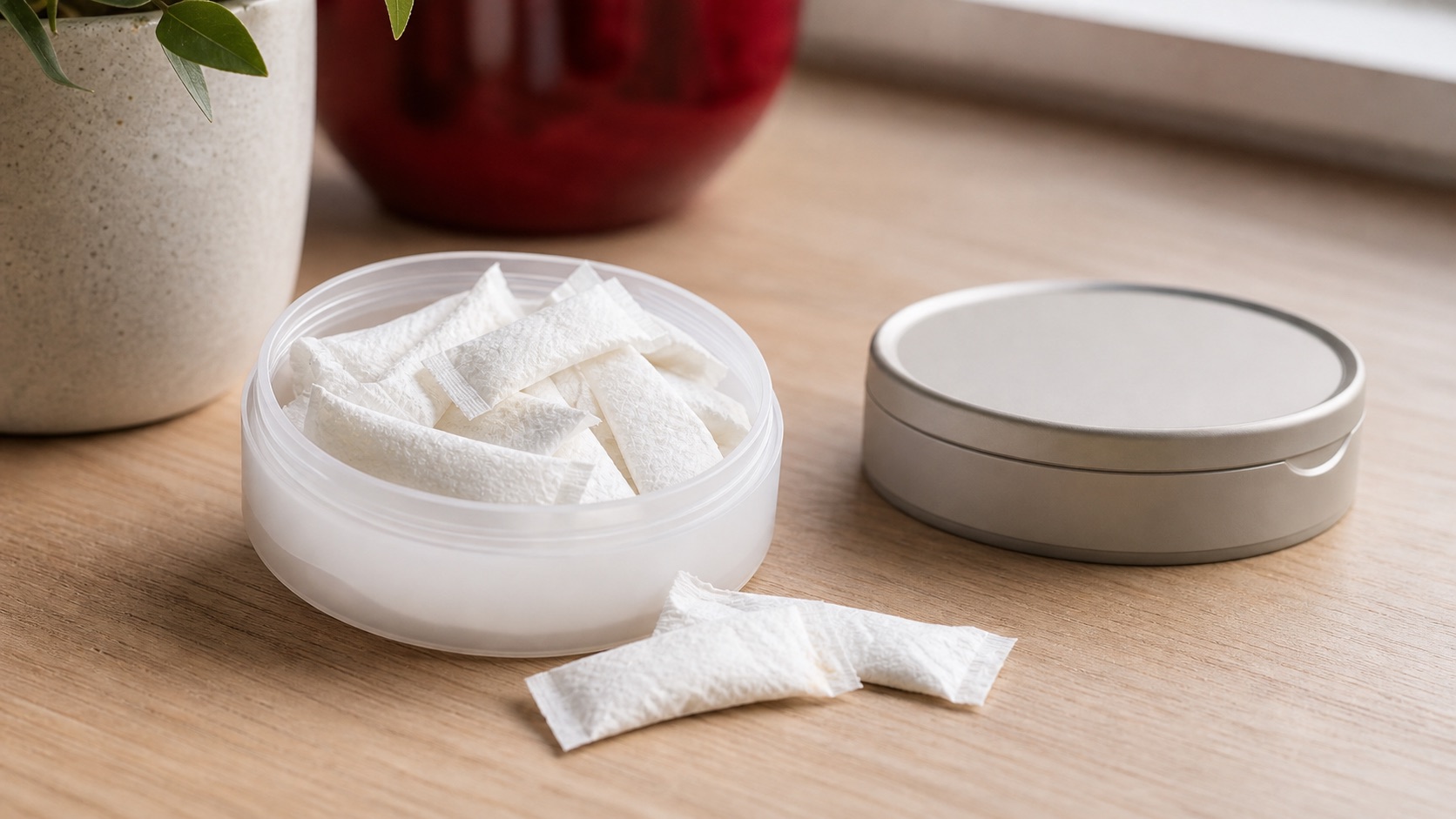 Unbranded nicotine pouches in an open tin