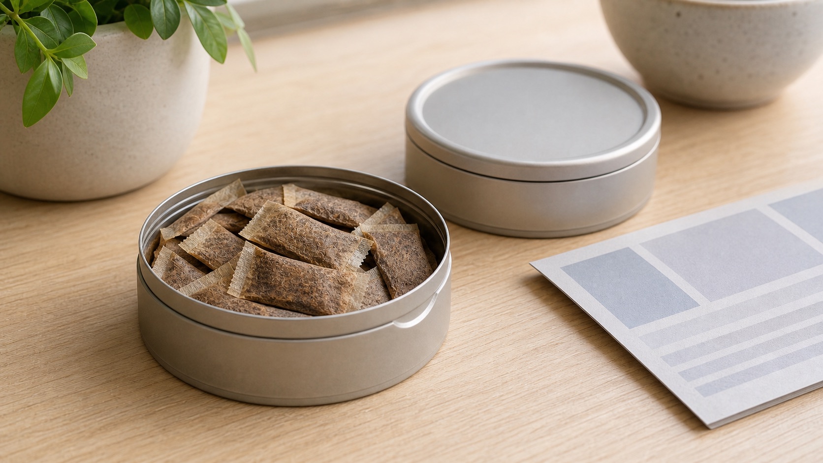 Unbranded tin of brown tobacco snus portions